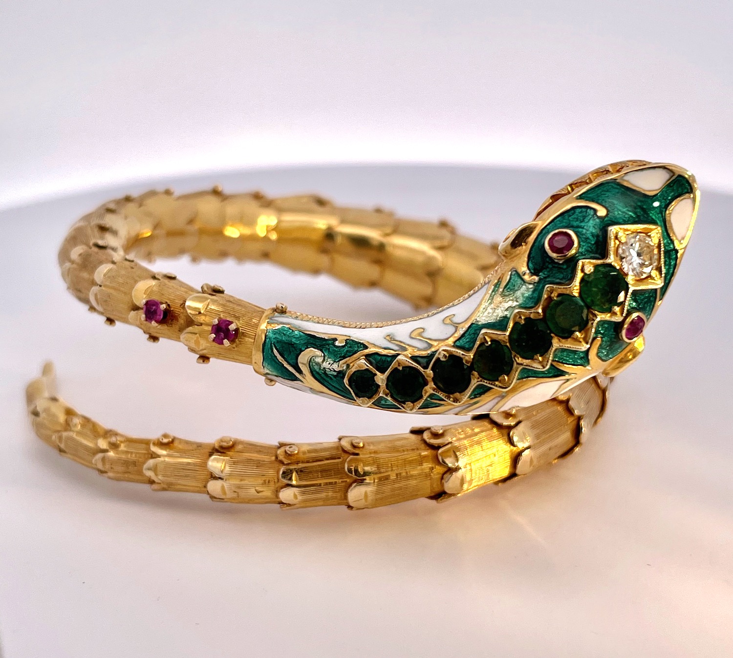 Enamel, Diamond, Emerald Snake Bracelet 14K