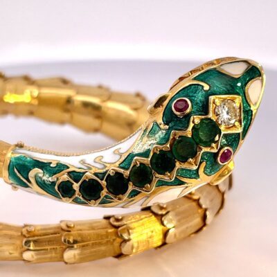 Enamel, Diamond, Emerald Snake Bracelet 14K