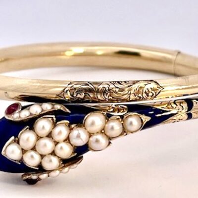 14K Cobalt Blue Enamel Snake Bracelet with Pearls