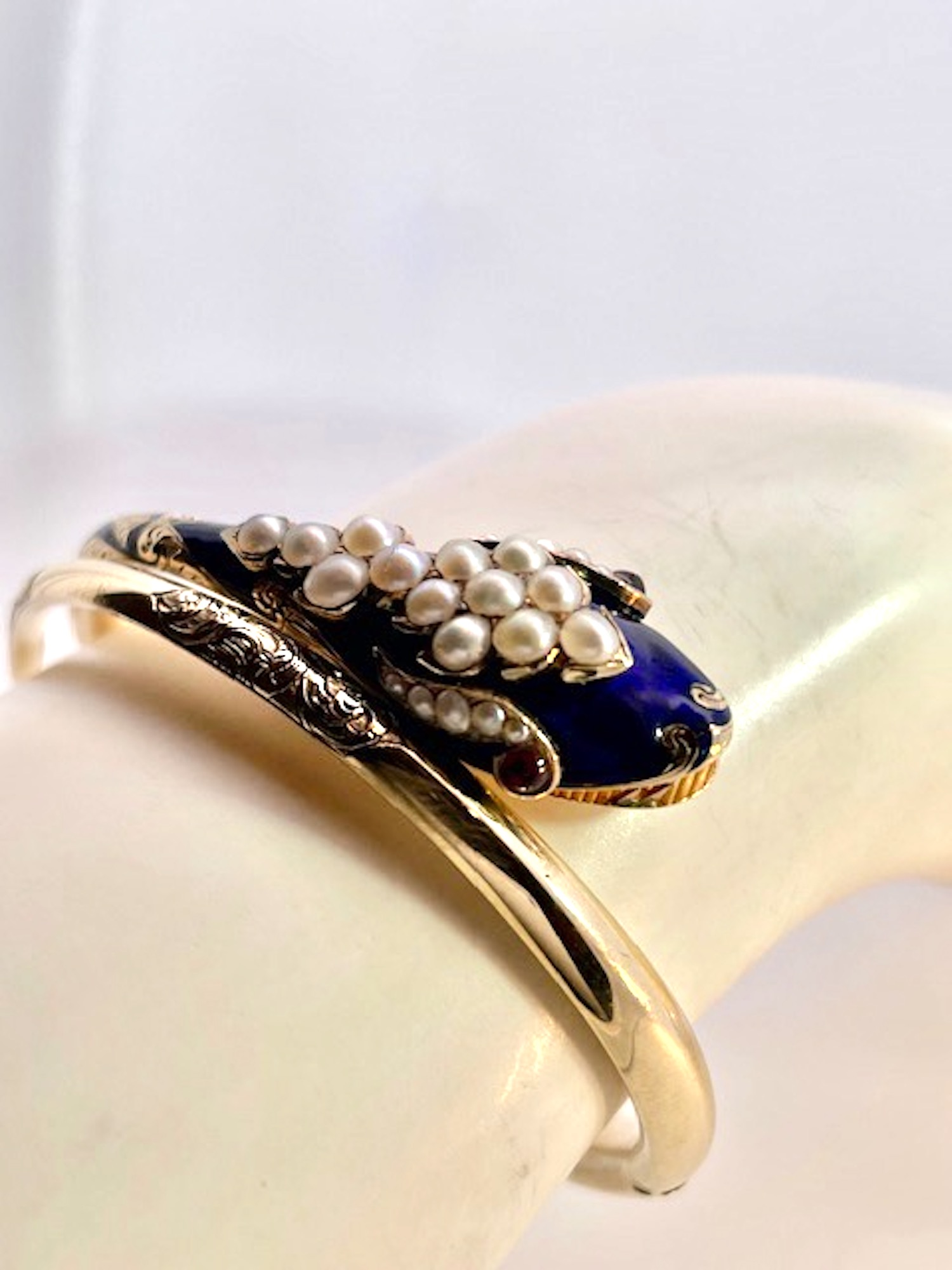 14K Cobalt Blue Enamel Snake Bracelet with Pearls