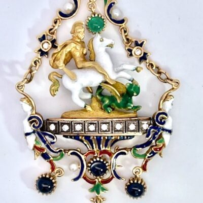 St. George Enamel Slaying the Dragon Pendant 18K