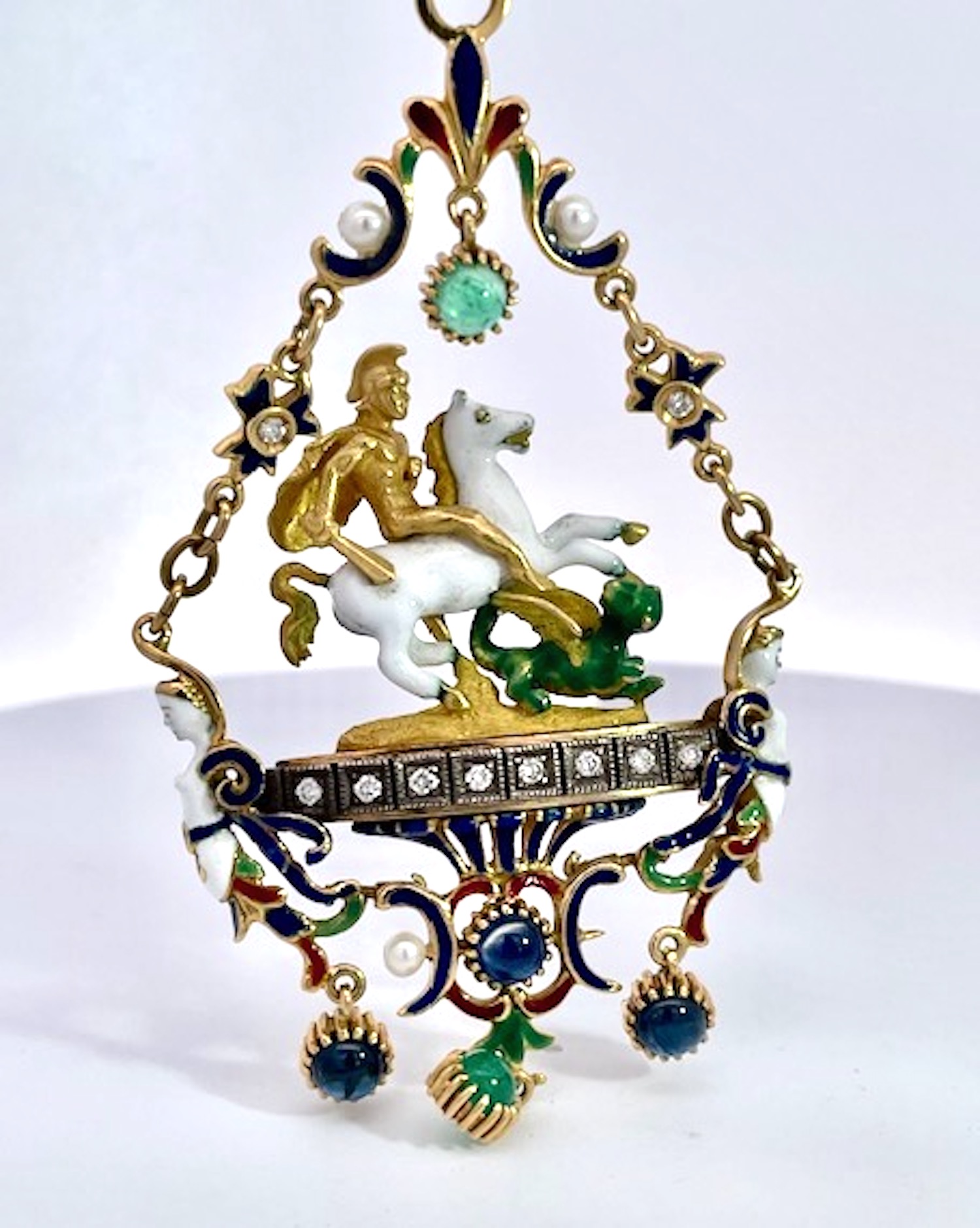 St. George Enamel Slaying the Dragon Pendant 18K