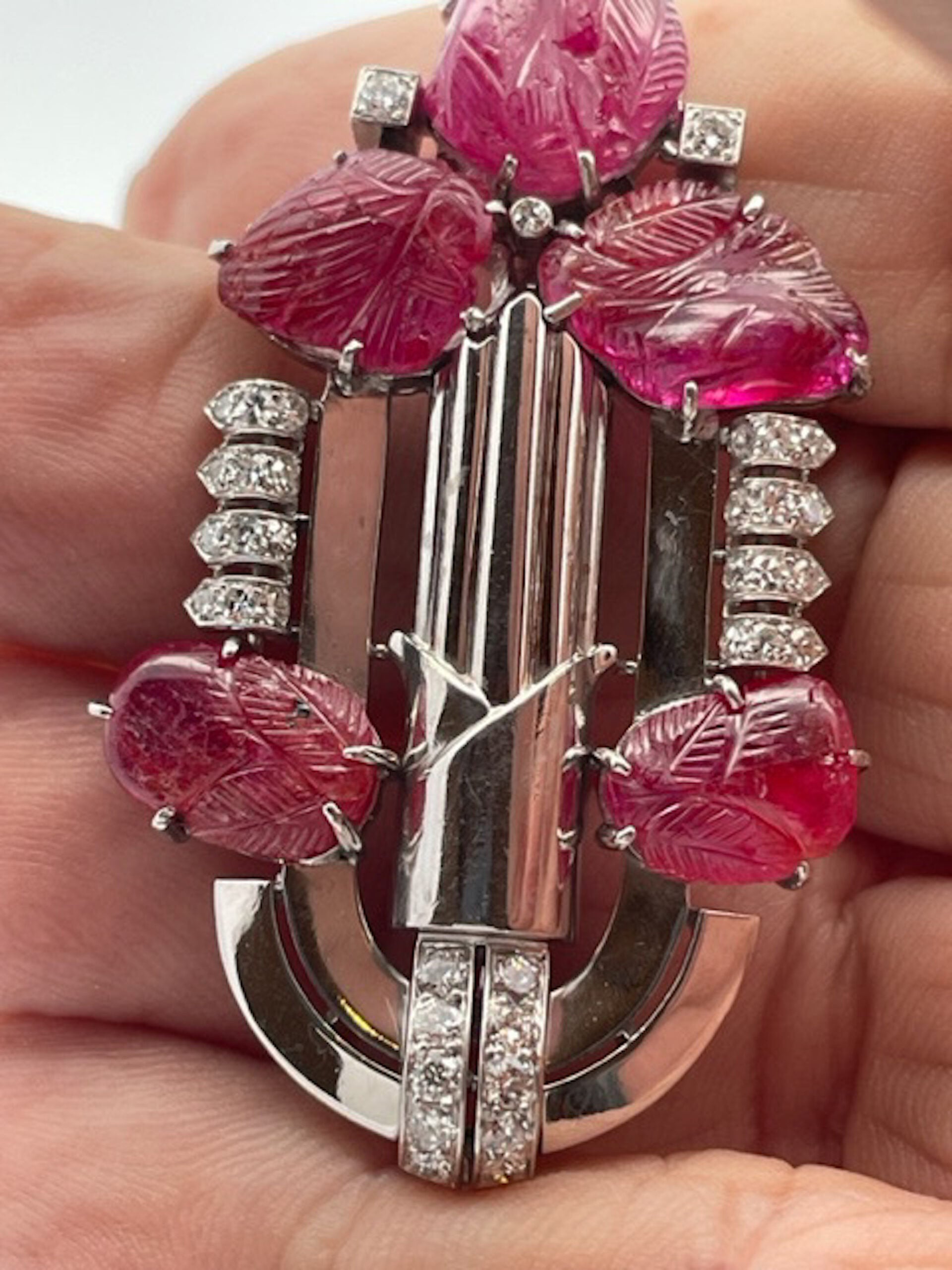 Art Deco Carved Ruby & Diamond Brooch - Detail View 9 | Cris Notti Jewels