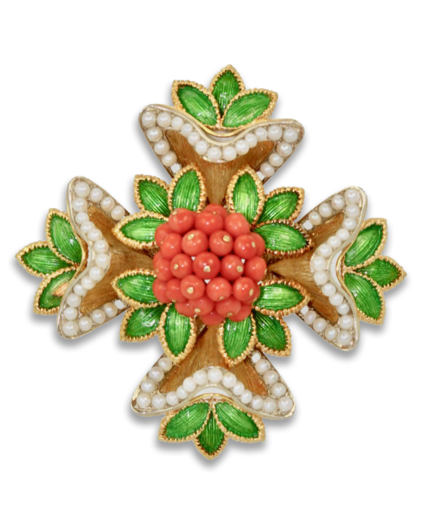 French Enamel, Pearl, Coral, Maltese Cross Flower Brooch Pendant - Fine Estate & Vintage Jewelry | Cris Notti Jewels