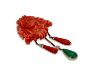 Carved Coral Brooch Pendant w/ Coral drops and Crystophase drop - Fine Estate & Vintage Jewelry | Cris Notti Jewels