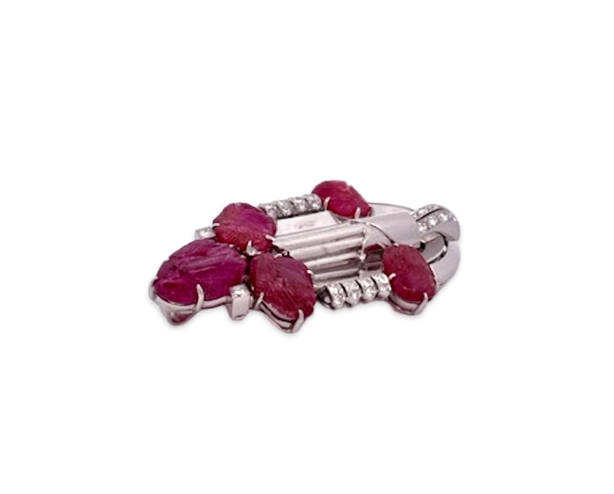 Art Deco Carved Ruby & Diamond Brooch - Detail View 2 | Cris Notti Jewels