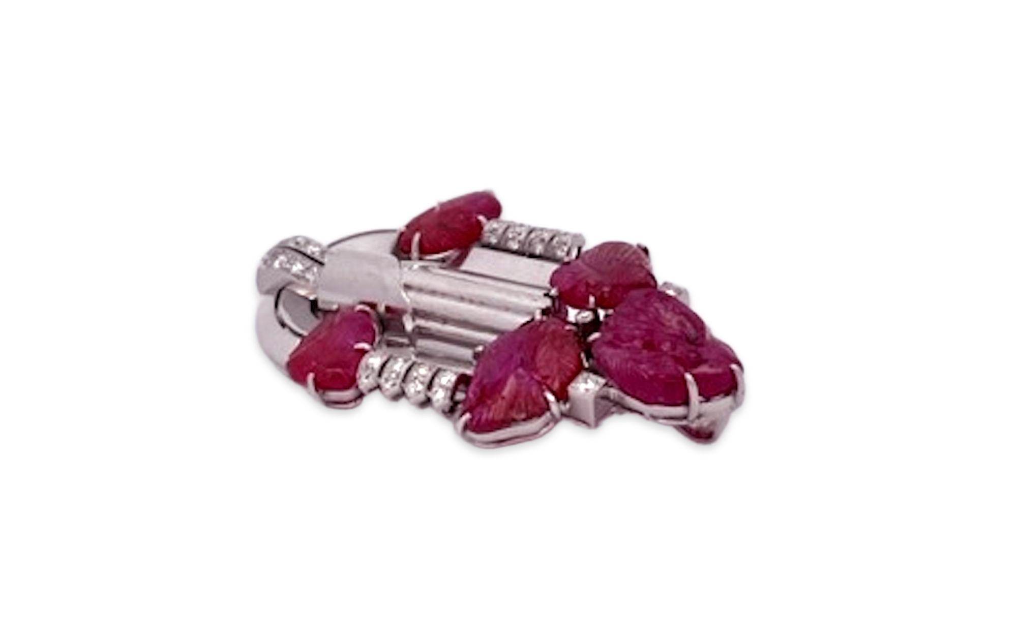 Art Deco Carved Ruby & Diamond Brooch - Detail View 3 | Cris Notti Jewels
