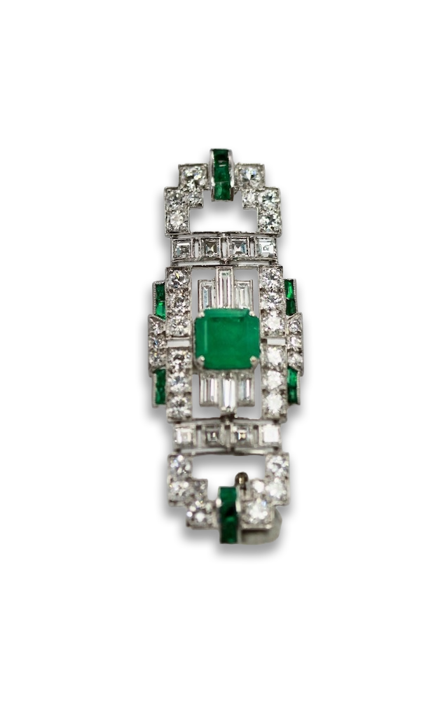 Deco Platinum Emerald Diamond Brooch - Detail View 4 | Cris Notti Jewels
