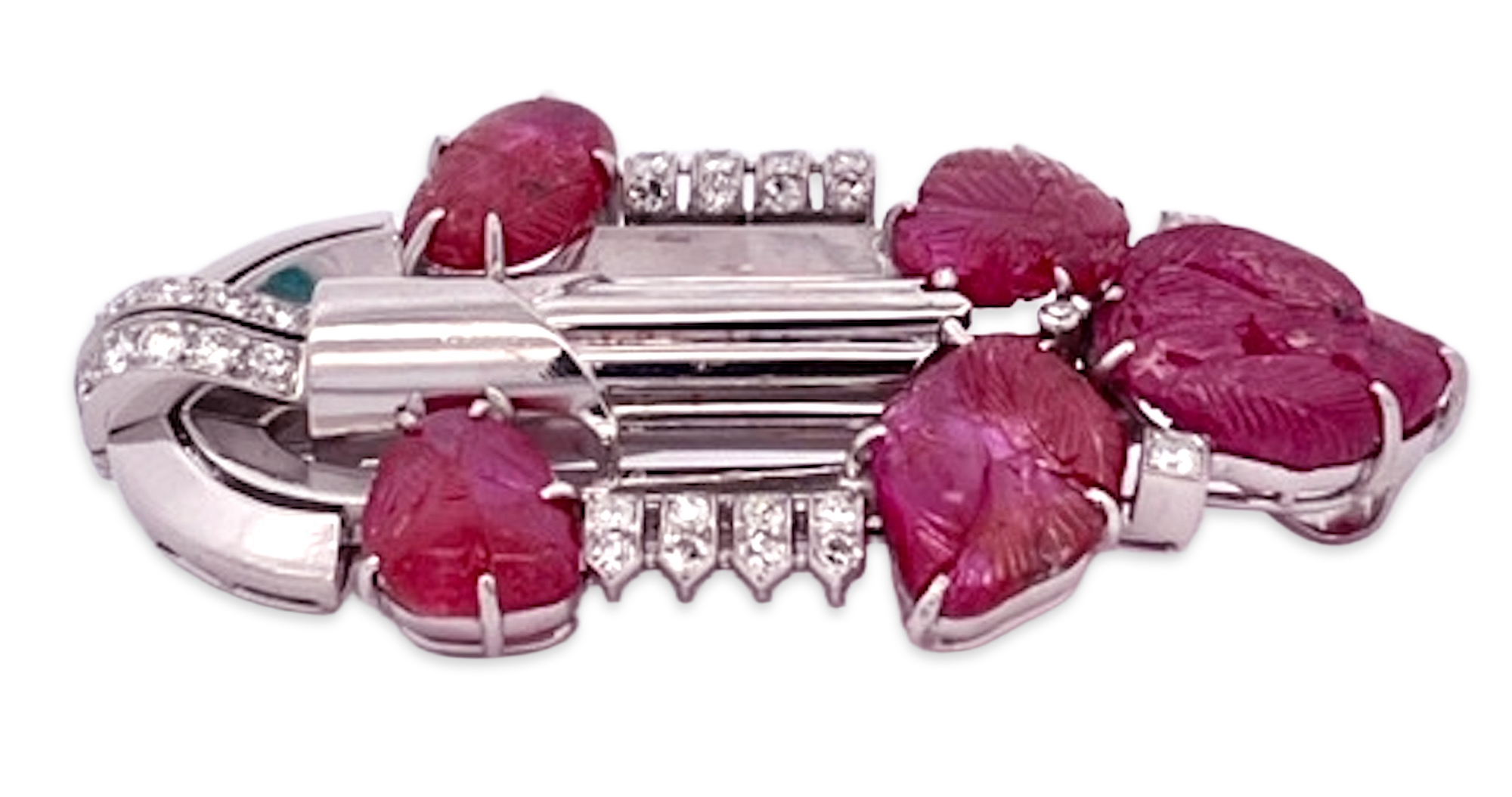 Art Deco Carved Ruby & Diamond Brooch - Detail View 4 | Cris Notti Jewels