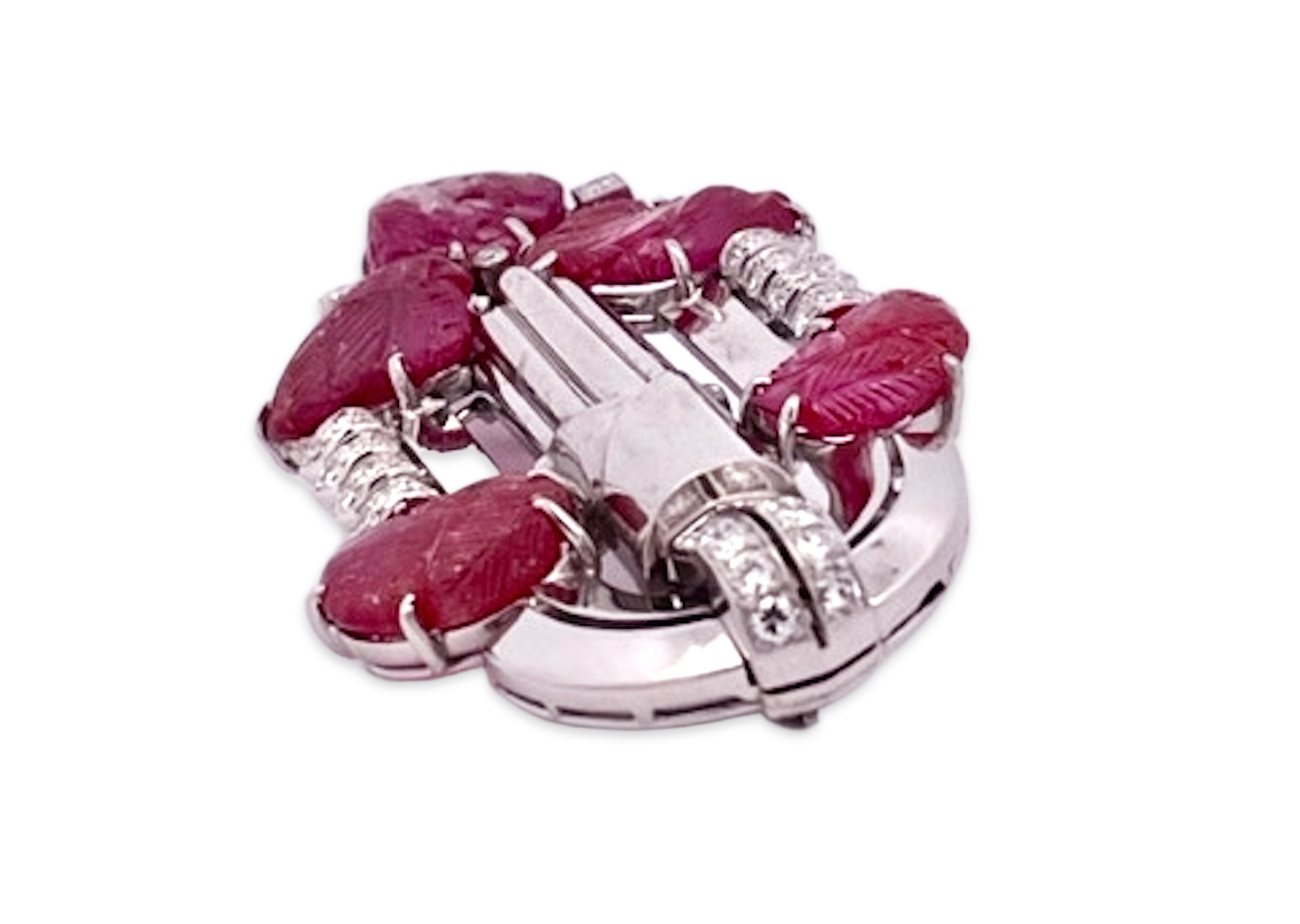 Art Deco Carved Ruby & Diamond Brooch - Detail View 5 | Cris Notti Jewels
