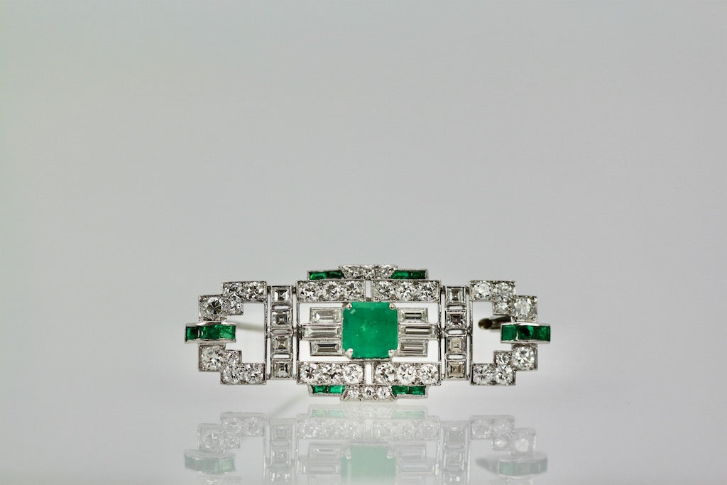 Deco Platinum Emerald Diamond Brooch - Detail View 6 | Cris Notti Jewels