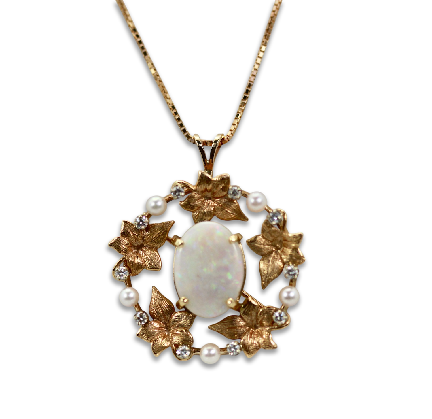 Opal Laurel Leaf Brooch Pendant 14K - Detail View 1 | Cris Notti Jewels