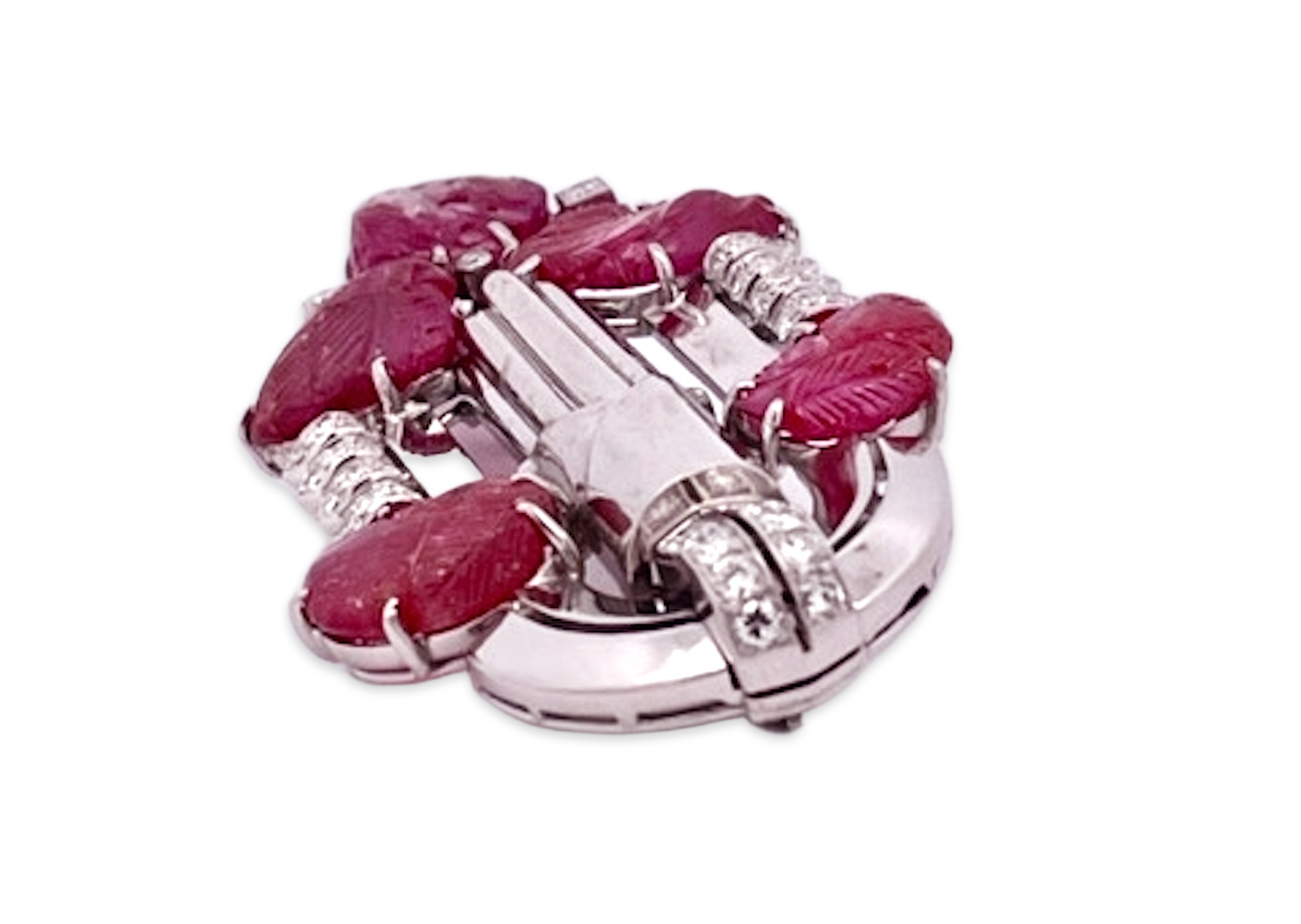 Art Deco Carved Ruby & Diamond Brooch - Detail View 7 | Cris Notti Jewels