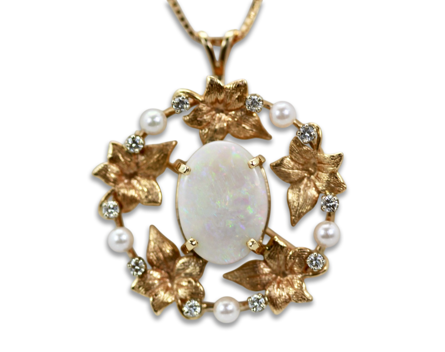 Opal Laurel Leaf Brooch Pendant 14K - Detail View 6 | Cris Notti Jewels