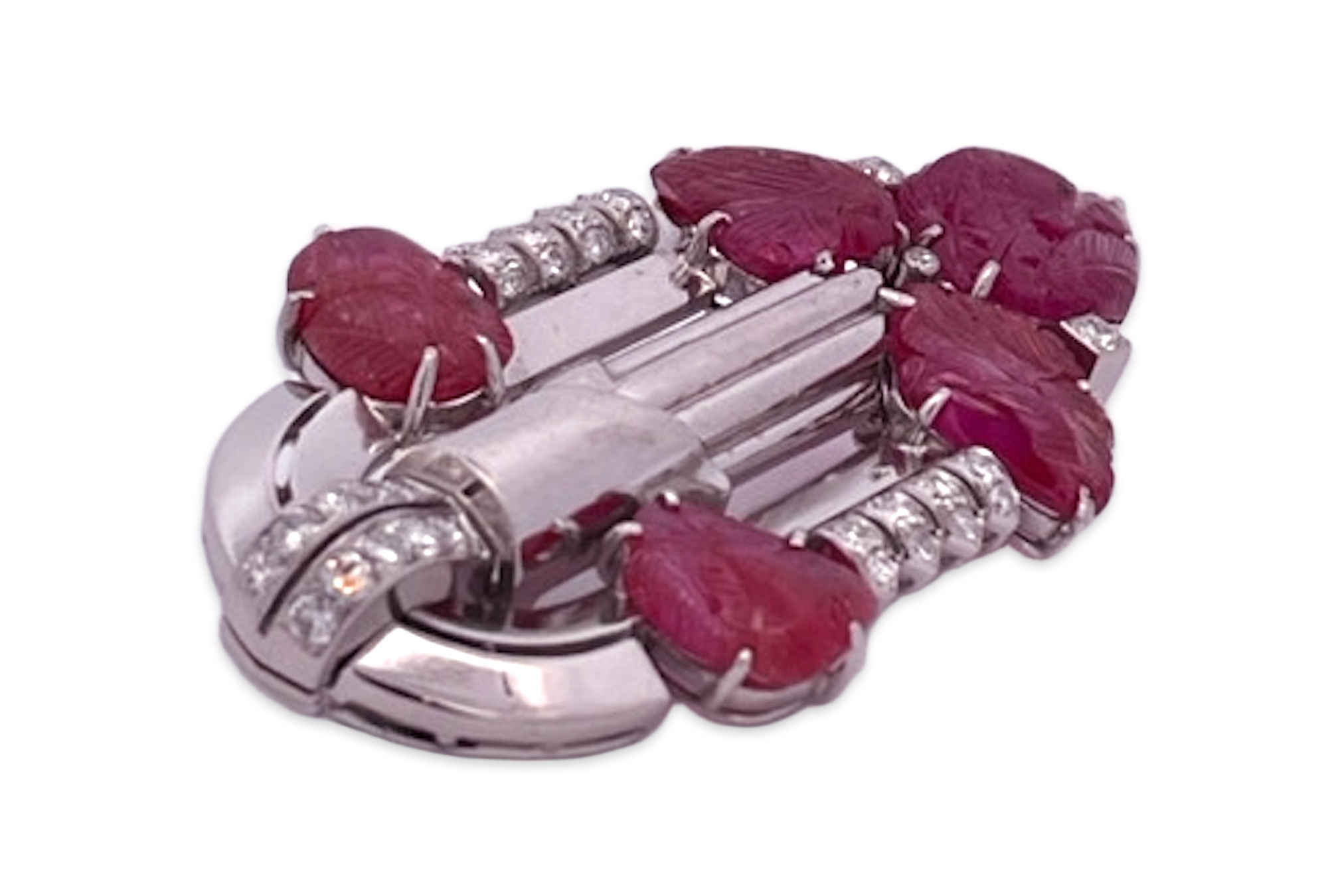 Art Deco Carved Ruby & Diamond Brooch - Detail View 8 | Cris Notti Jewels