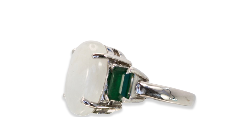 Moonstone 3 stone Ring with Emeralds - Detail View 5 | Cris Notti Jewels