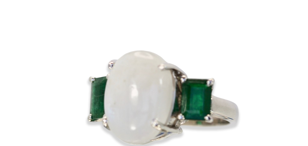 Moonstone 3 stone Ring with Emeralds - Detail View 2 | Cris Notti Jewels