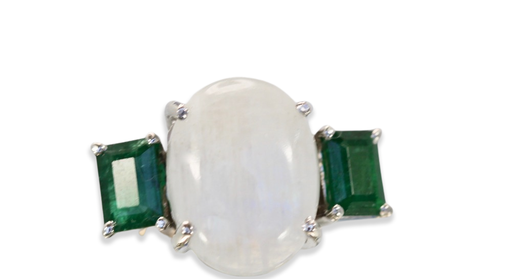 Moonstone 3 stone Ring with Emeralds - Detail View 1 | Cris Notti Jewels