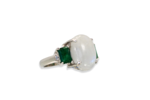 Moonstone 3 stone Ring with Emeralds - Fine Estate & Vintage Jewelry | Cris Notti Jewels