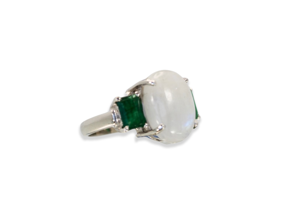 Moonstone 3 stone Ring with Emeralds - Fine Estate & Vintage Jewelry | Cris Notti Jewels