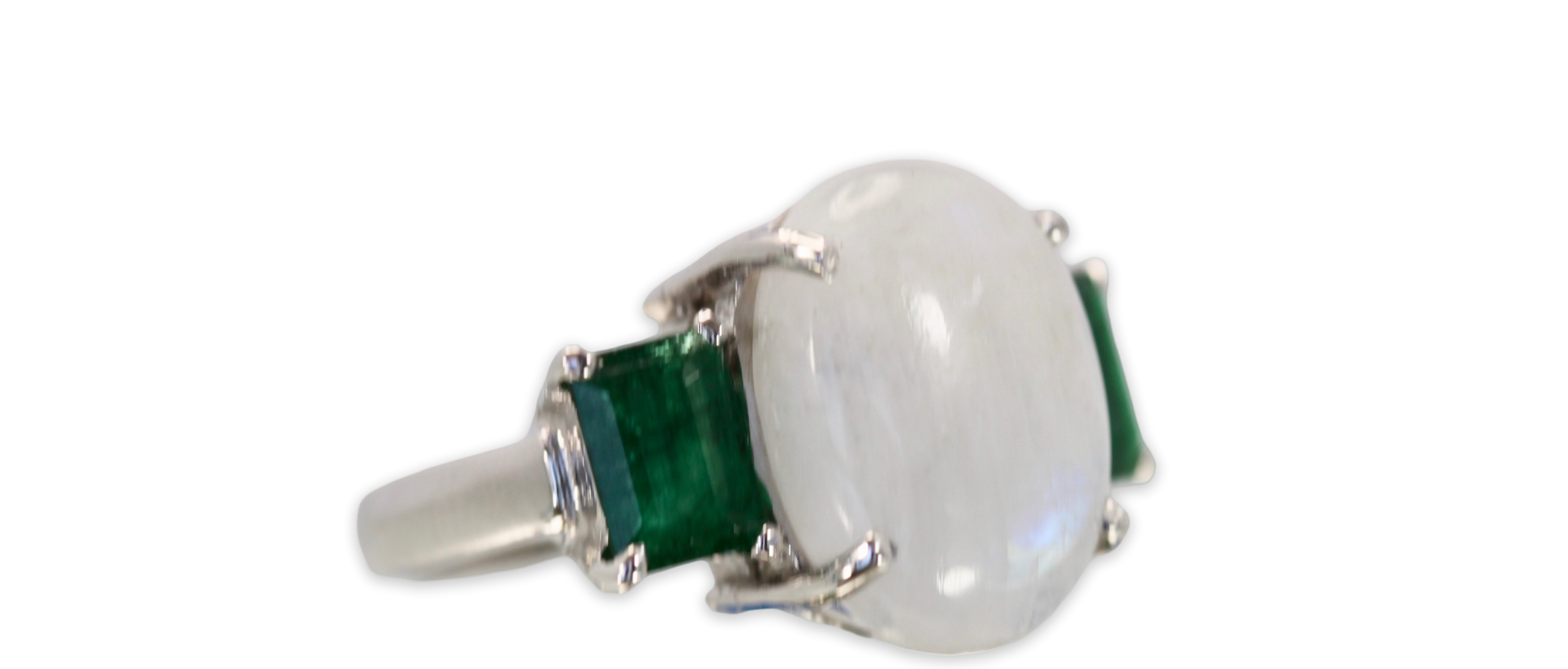 Moonstone 3 stone Ring with Emeralds - Detail View 8 | Cris Notti Jewels