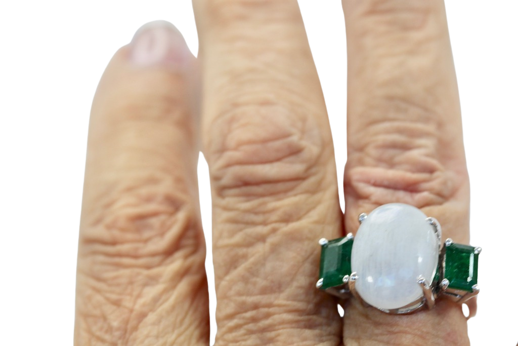Moonstone 3 stone Ring with Emeralds - Detail View 6 | Cris Notti Jewels