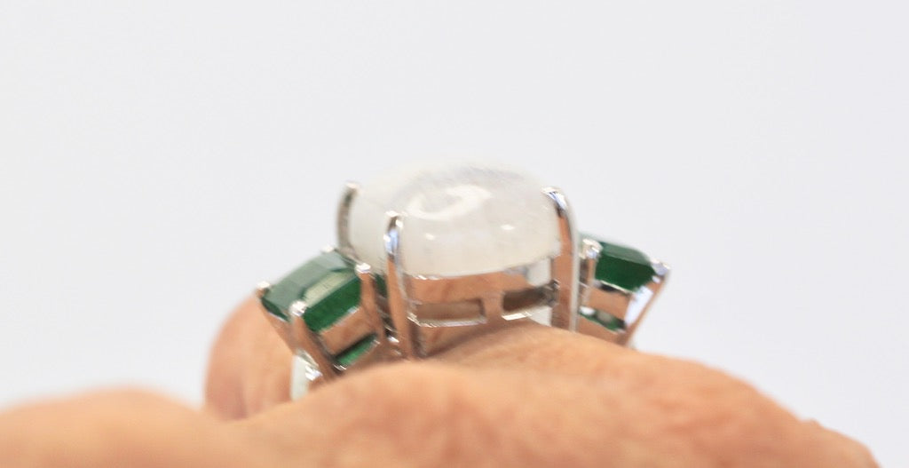 Moonstone 3 stone Ring with Emeralds - Detail View 3 | Cris Notti Jewels