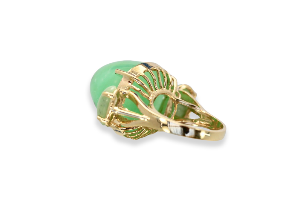 18K Bullet Chrysophase and Jade 3 Stone Ring - Detail View 3 | Cris Notti Jewels