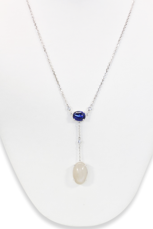 Sapphire Moonstone Diamond Drop Necklace 18K - Fine Estate & Vintage Jewelry | Cris Notti Jewels