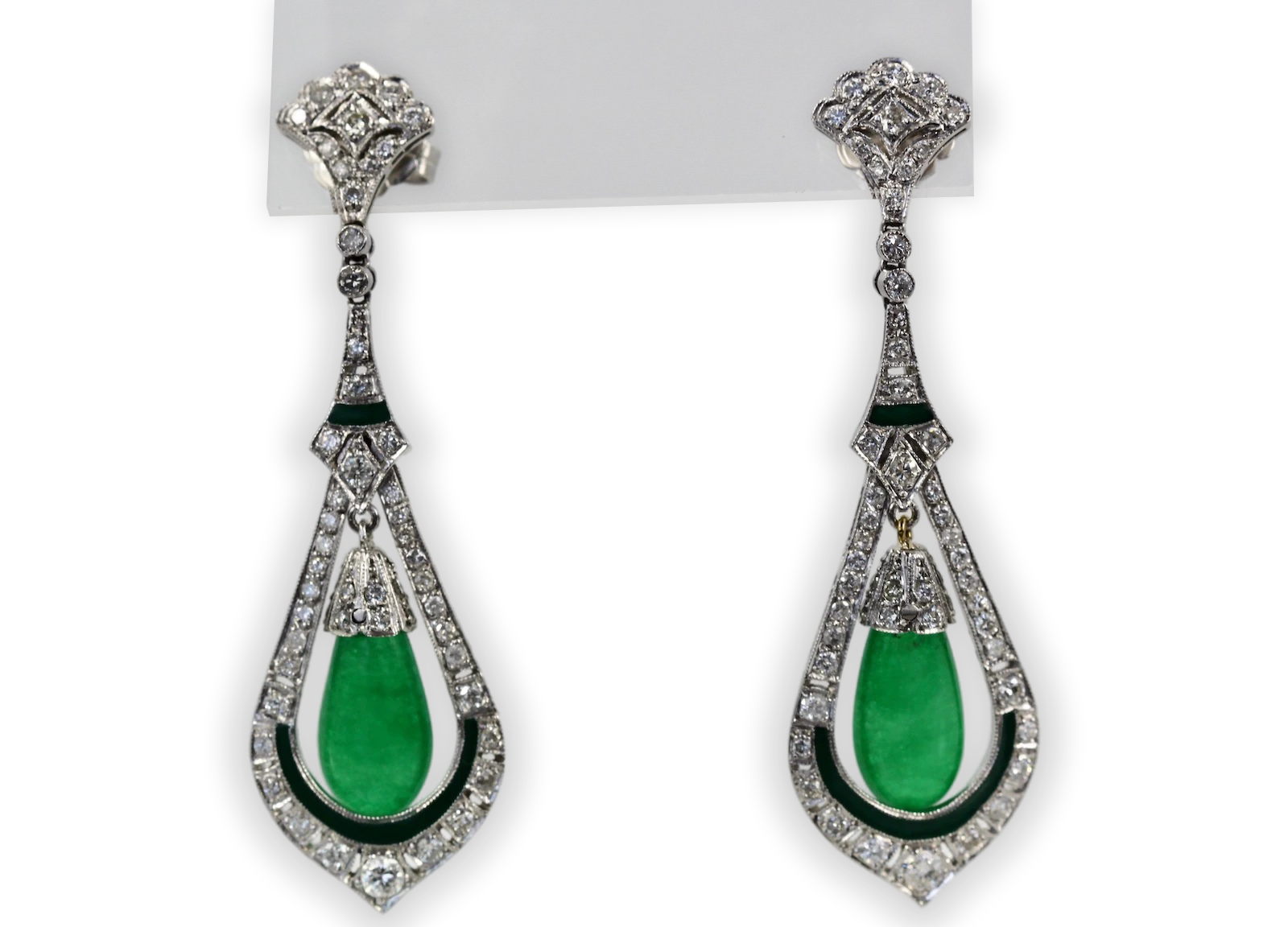 Jade Enamel Diamond Long Earrings - Fine Estate & Vintage Jewelry | Cris Notti Jewels