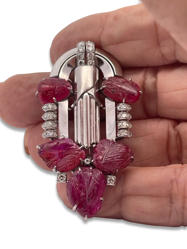 Art Deco Carved Ruby & Diamond Brooch - Fine Estate & Vintage Jewelry | Cris Notti Jewels