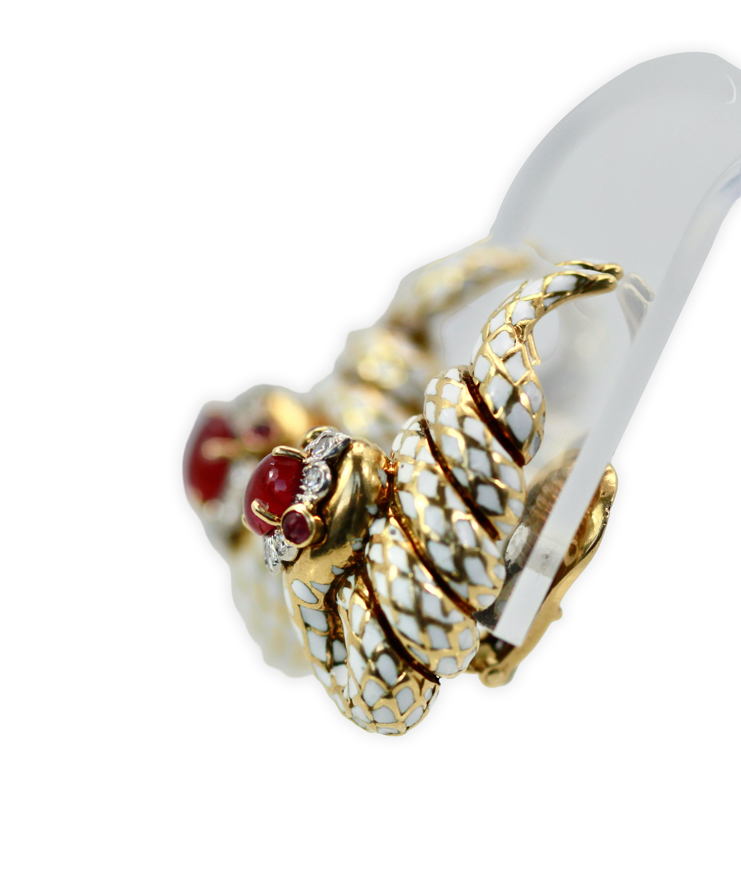 David Webb Enamel Ruby Diamond Snake Serpenti Earrings - Detail View 3 | Cris Notti Jewels