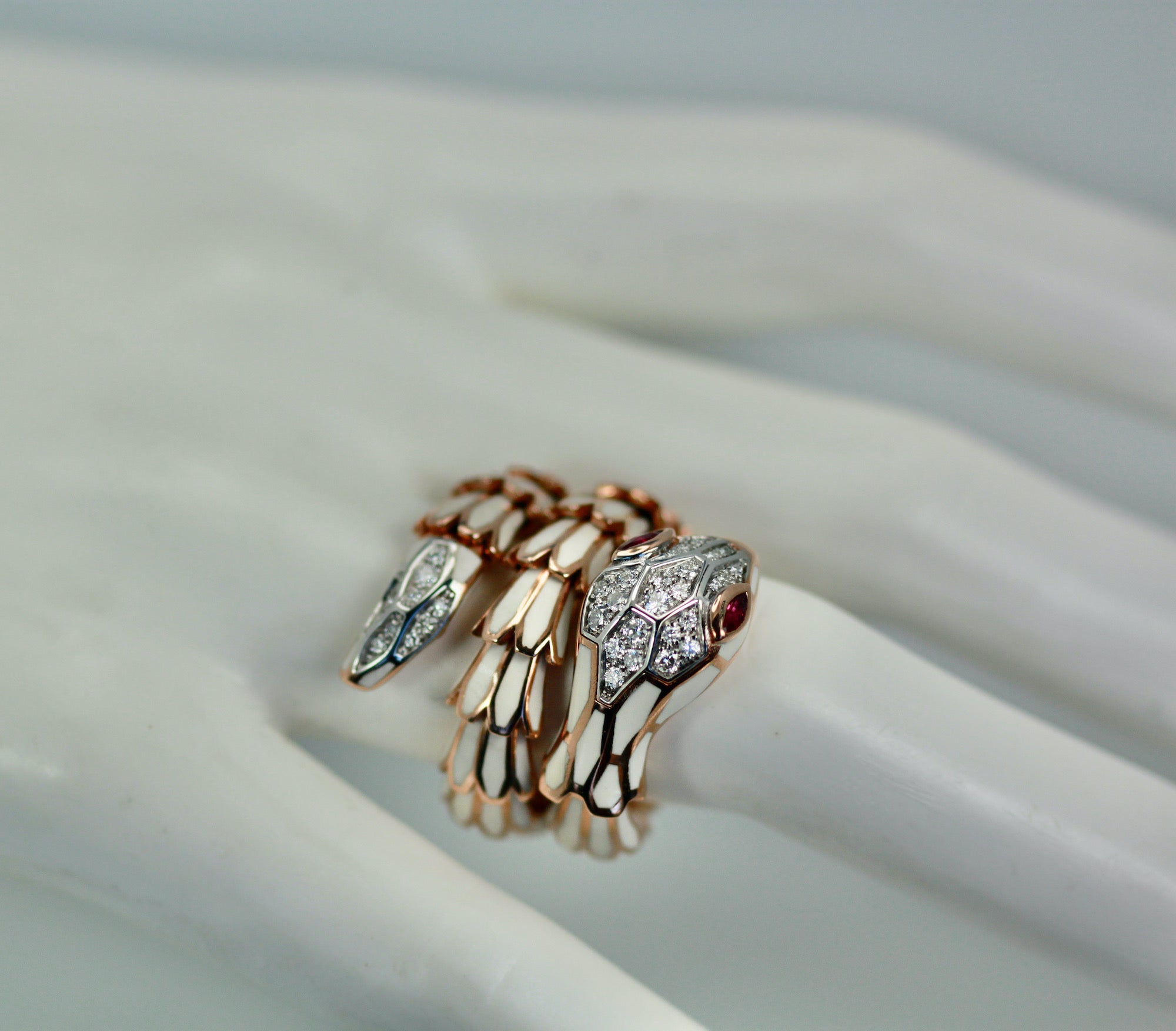 18K White Enamel Snake Ring Expandable - Detail View 2 | Cris Notti Jewels
