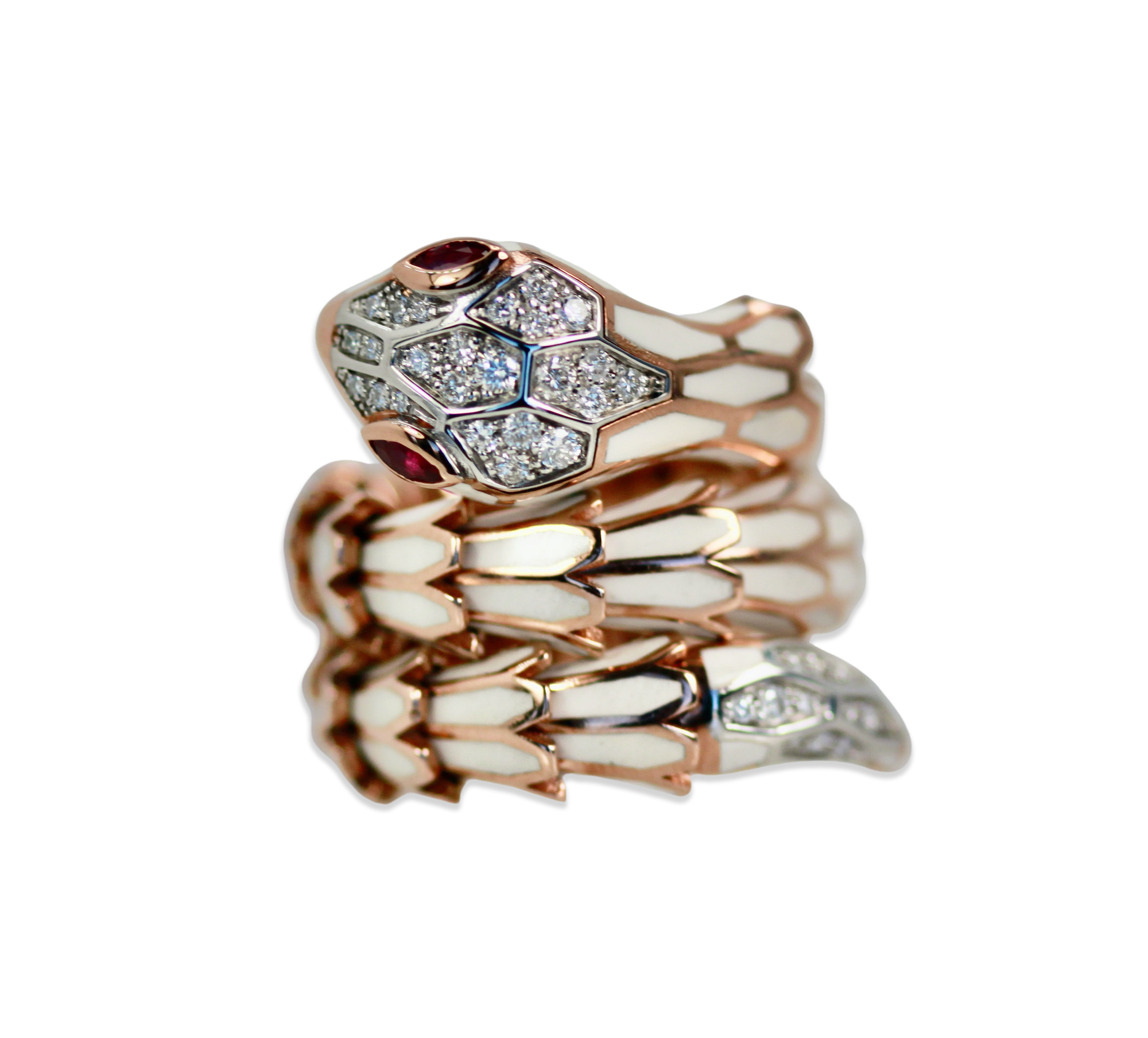 18K White Enamel Snake Ring Expandable - Detail View 1 | Cris Notti Jewels