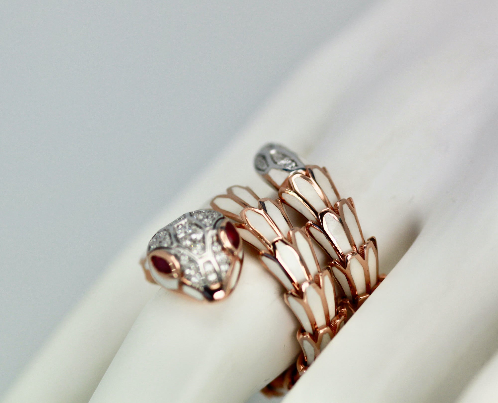 18K White Enamel Snake Ring Expandable - Detail View 3 | Cris Notti Jewels