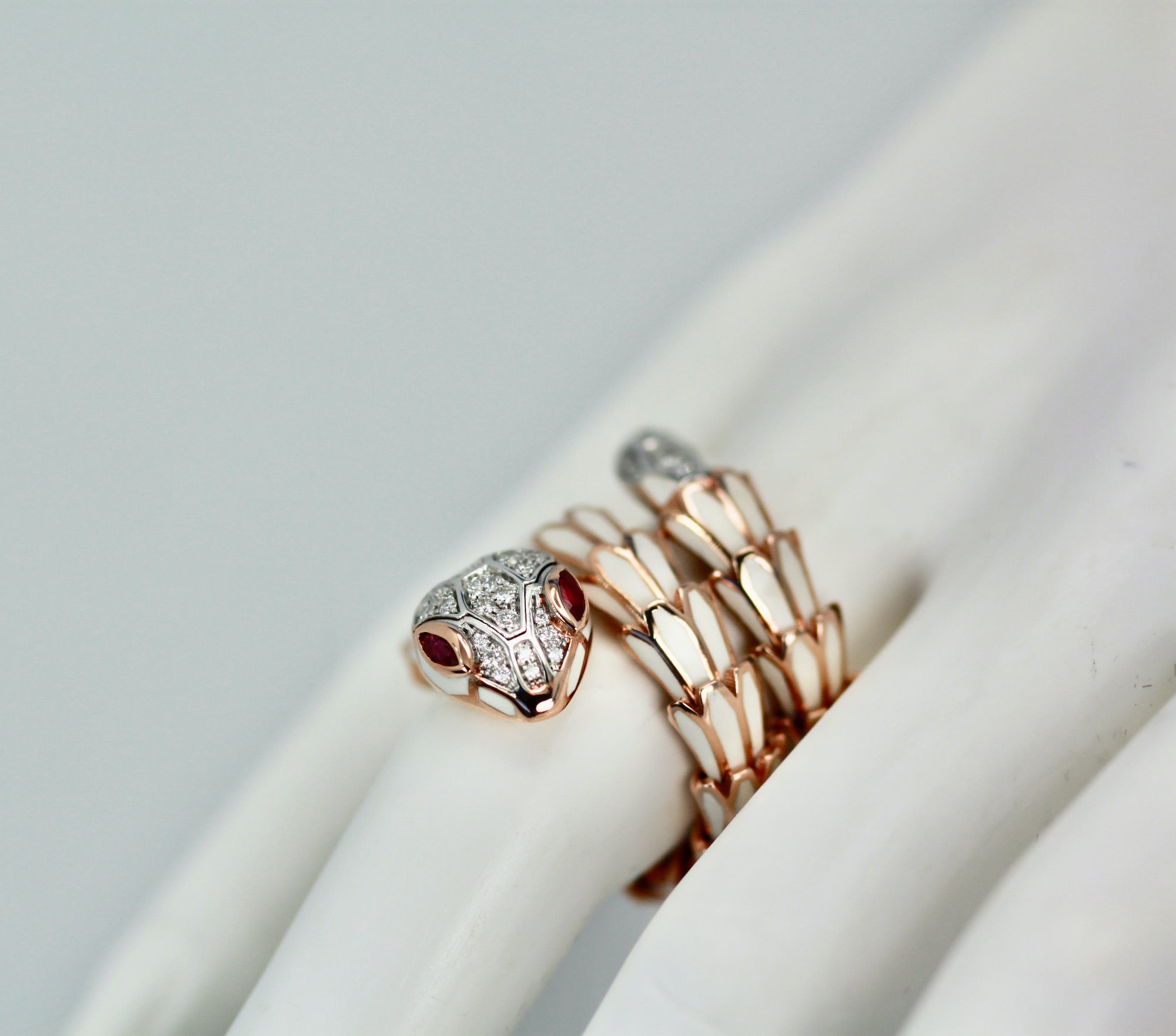 18K White Enamel Snake Ring Expandable - Detail View 4 | Cris Notti Jewels