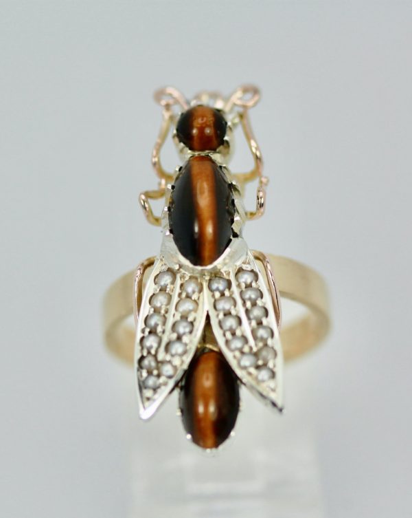 Tigers Eye Seed Pearl Insect Ring - Fine Estate & Vintage Jewelry | Cris Notti Jewels