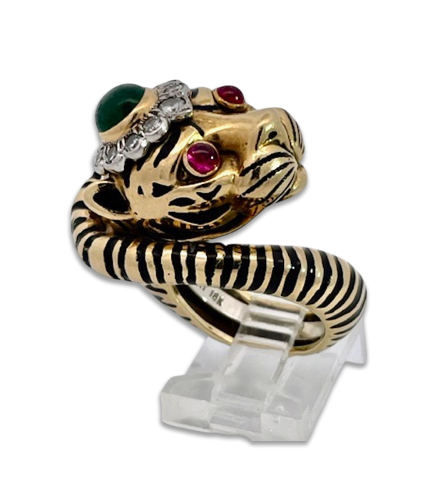 David Webb Tiger ring Ruby eyes, Emerald Head - Fine Estate & Vintage Jewelry | Cris Notti Jewels