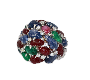 Huge Tutti Frutti 18K Ring, Emeralds, Rubies, Sapphires and Diamonds - Fine Estate & Vintage Jewelry | Cris Notti Jewels