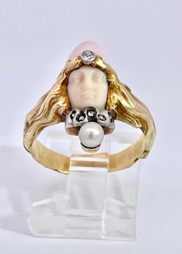 Art Nouveau extremely rare Carved Portrait of a Lady Flowing Hair Ring - Fine Estate & Vintage Jewelry | Cris Notti Jewels