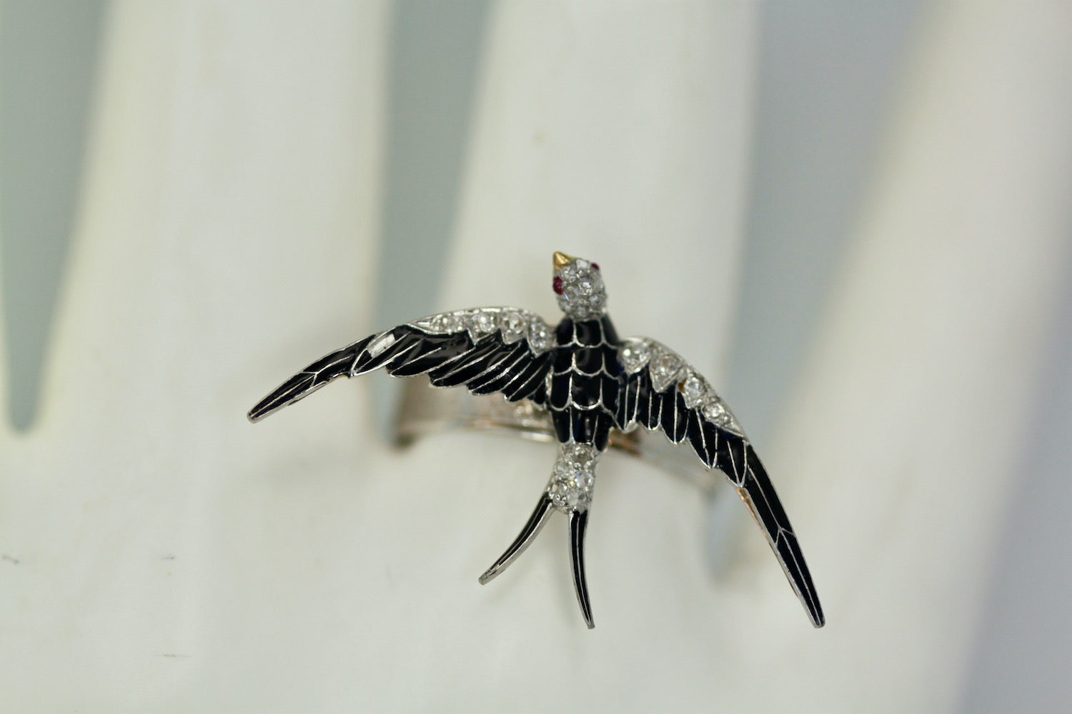 Antique Victorian Enamel Swallow Ring - Detail View 3 | Cris Notti Jewels