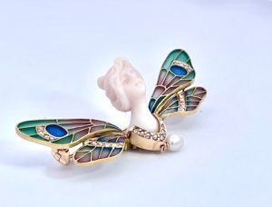 1900’s Plique a Jour Butterfly with carved Chalcedony Ladies Head - Fine Estate & Vintage Jewelry | Cris Notti Jewels