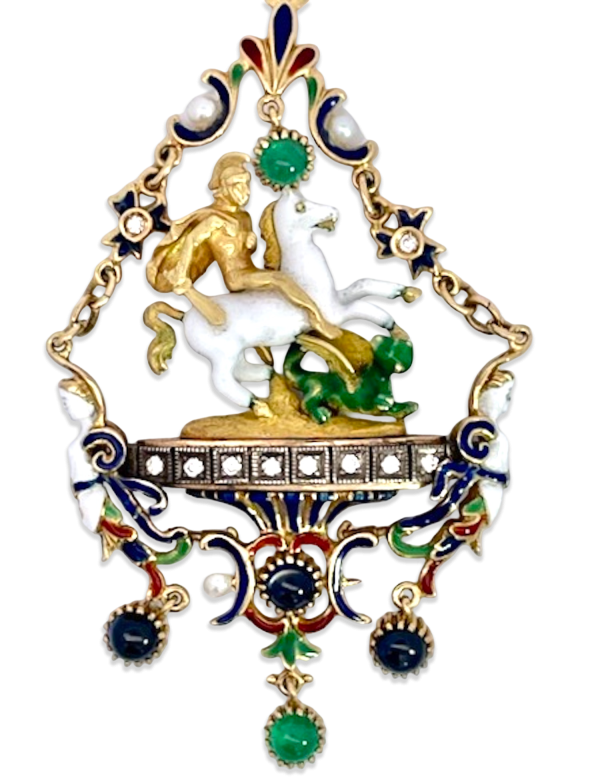 St. George Enamel Slaying the Dragon Pendant 18K - Fine Estate & Vintage Jewelry | Cris Notti Jewels