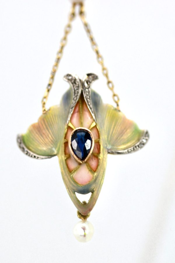Art Nouveau Sapphire, Pearl, Enamel Pendant 14K - Fine Estate & Vintage Jewelry | Cris Notti Jewels