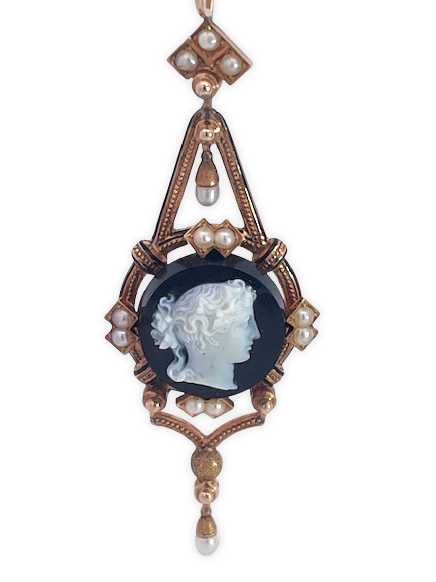 14K Sardonyx Cameo Split Pearl Brooch and matching Earrings - Detail View 2 | Cris Notti Jewels