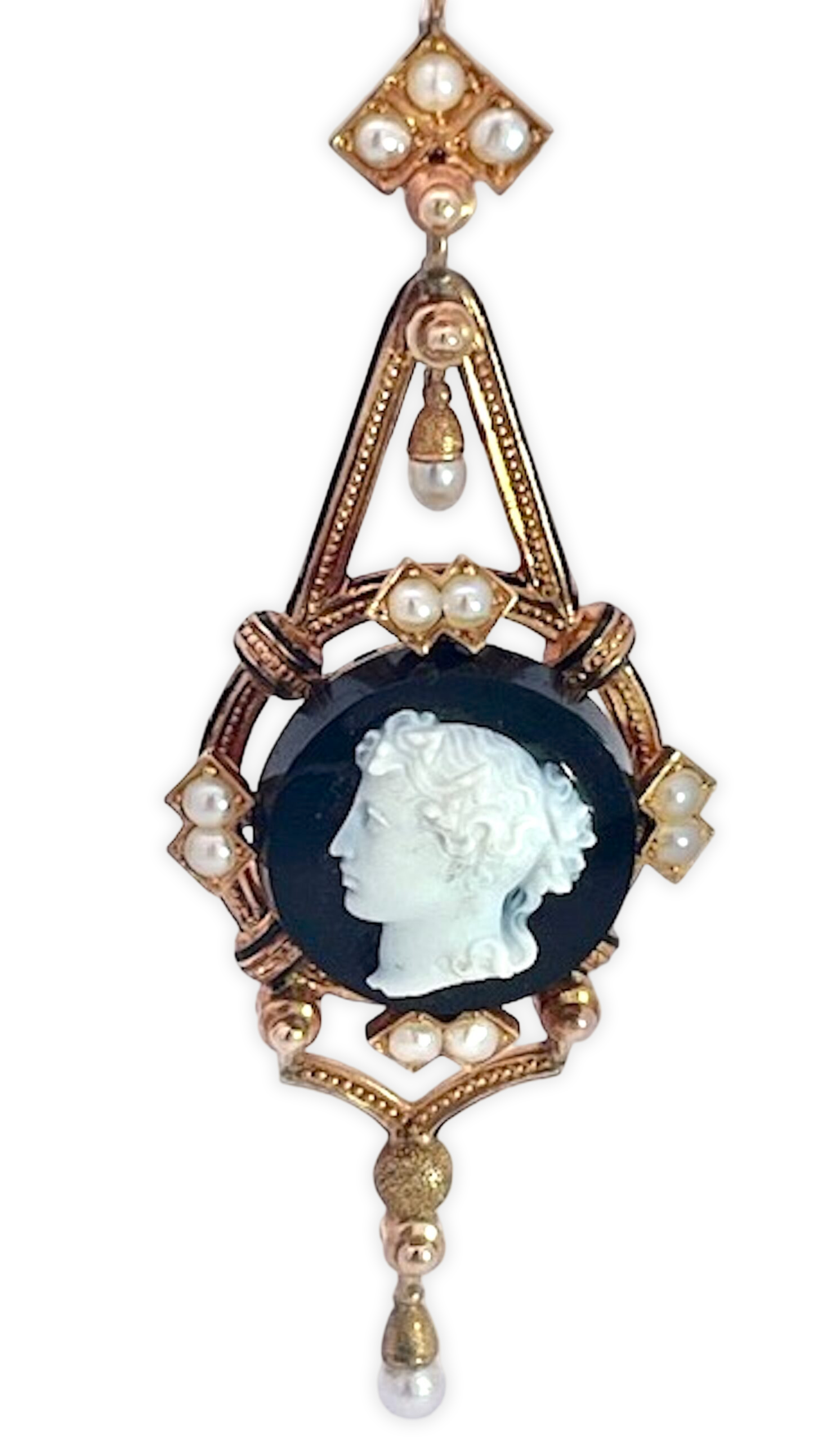 14K Sardonyx Cameo Split Pearl Brooch and matching Earrings - Detail View 3 | Cris Notti Jewels