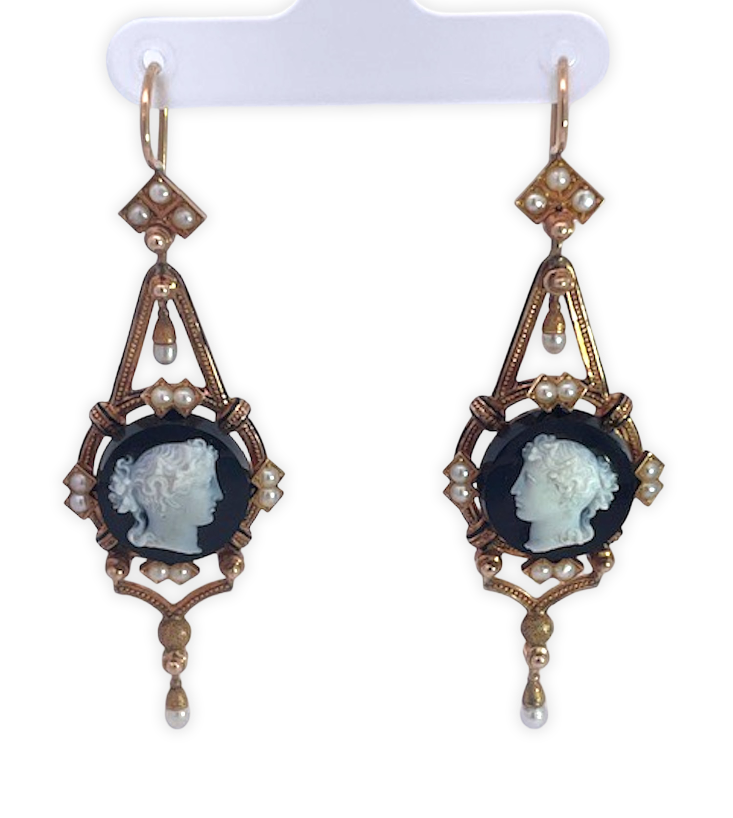14K Sardonyx Cameo Split Pearl Brooch and matching Earrings - Fine Estate & Vintage Jewelry | Cris Notti Jewels