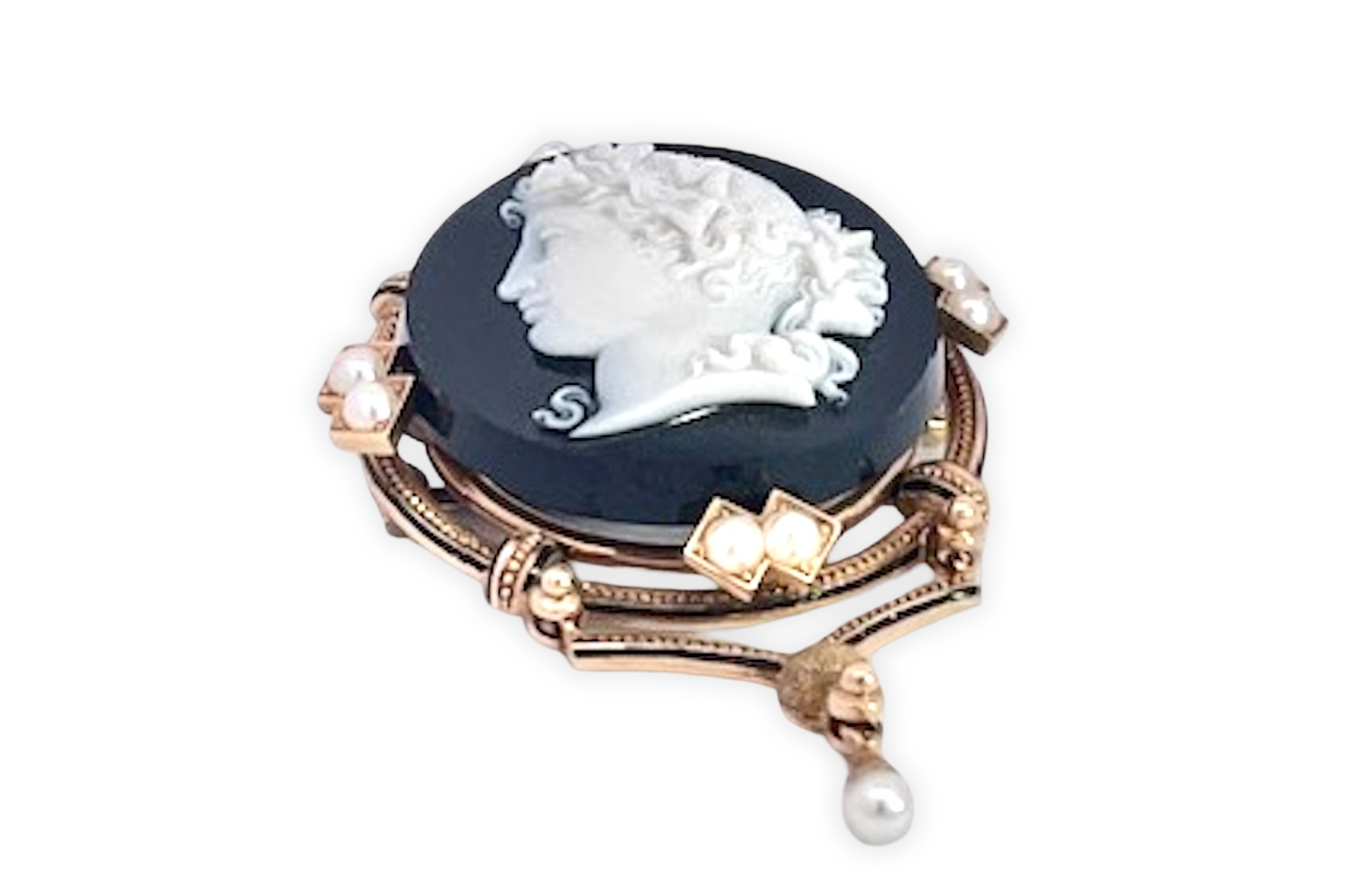 14K Sardonyx Cameo Split Pearl Brooch and matching Earrings - Detail View 8 | Cris Notti Jewels