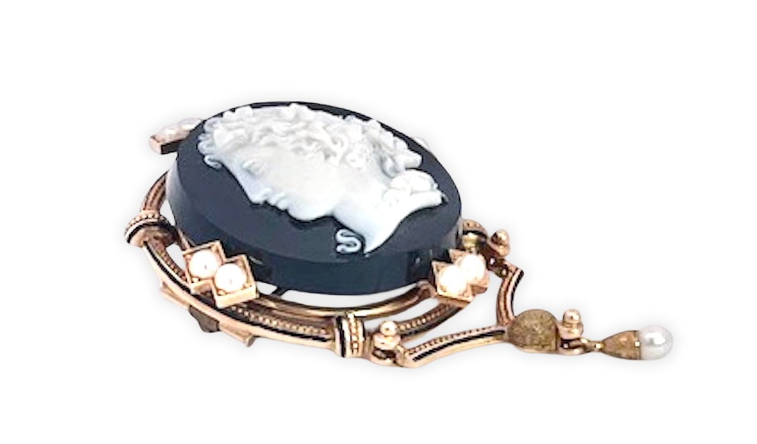 14K Sardonyx Cameo Split Pearl Brooch and matching Earrings - Detail View 9 | Cris Notti Jewels