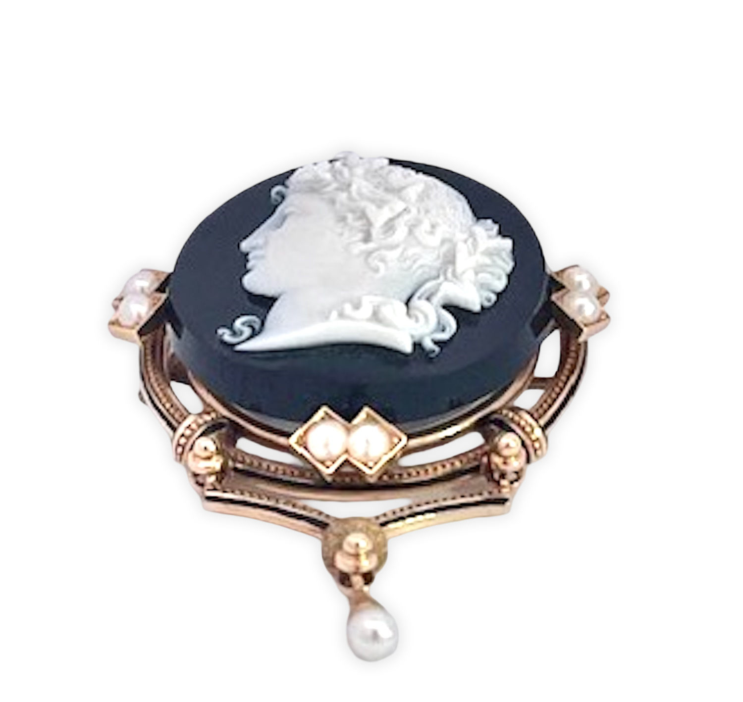 14K Sardonyx Cameo Split Pearl Brooch and matching Earrings - Detail View 10 | Cris Notti Jewels